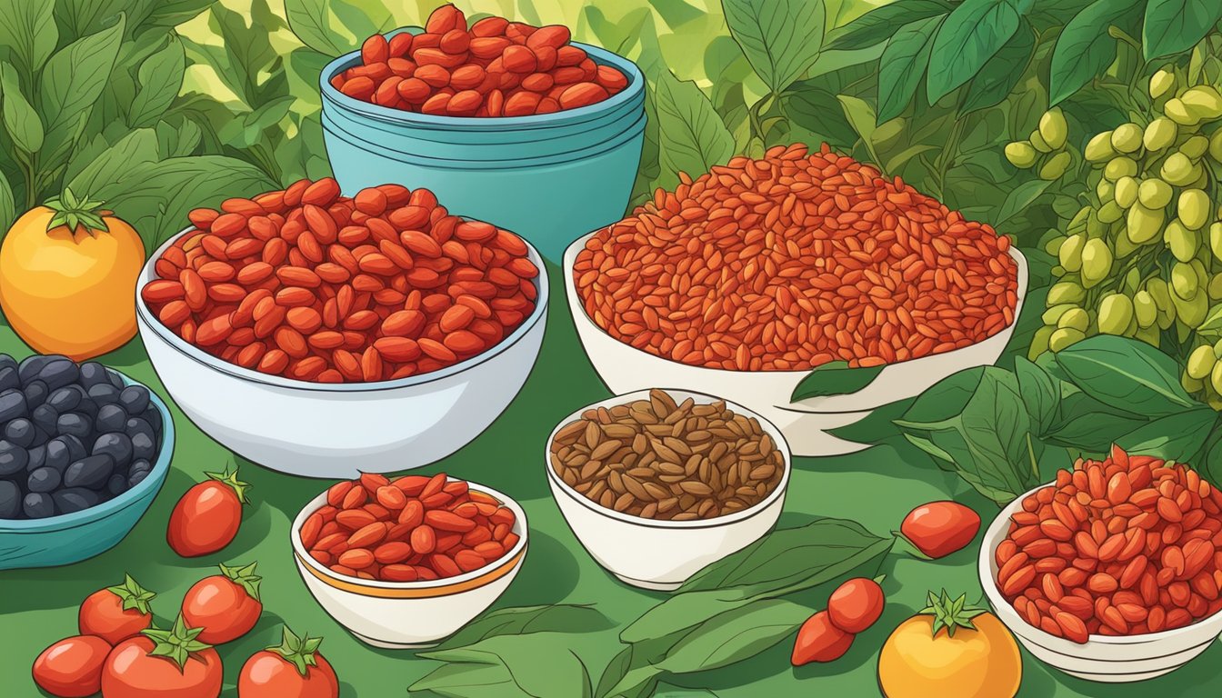 A vibrant pile of goji berries surrounded by other colorful antioxidant-rich foods, set against a backdrop of lush green foliage and bright sunlight