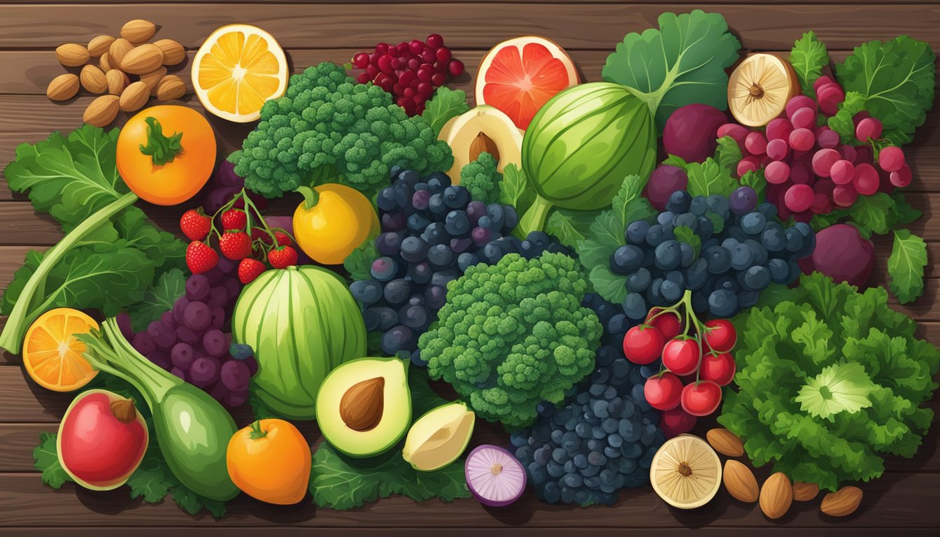 A colorful array of fresh kale, berries, nuts, and seeds arranged on a rustic wooden table, surrounded by vibrant fruits and vegetables