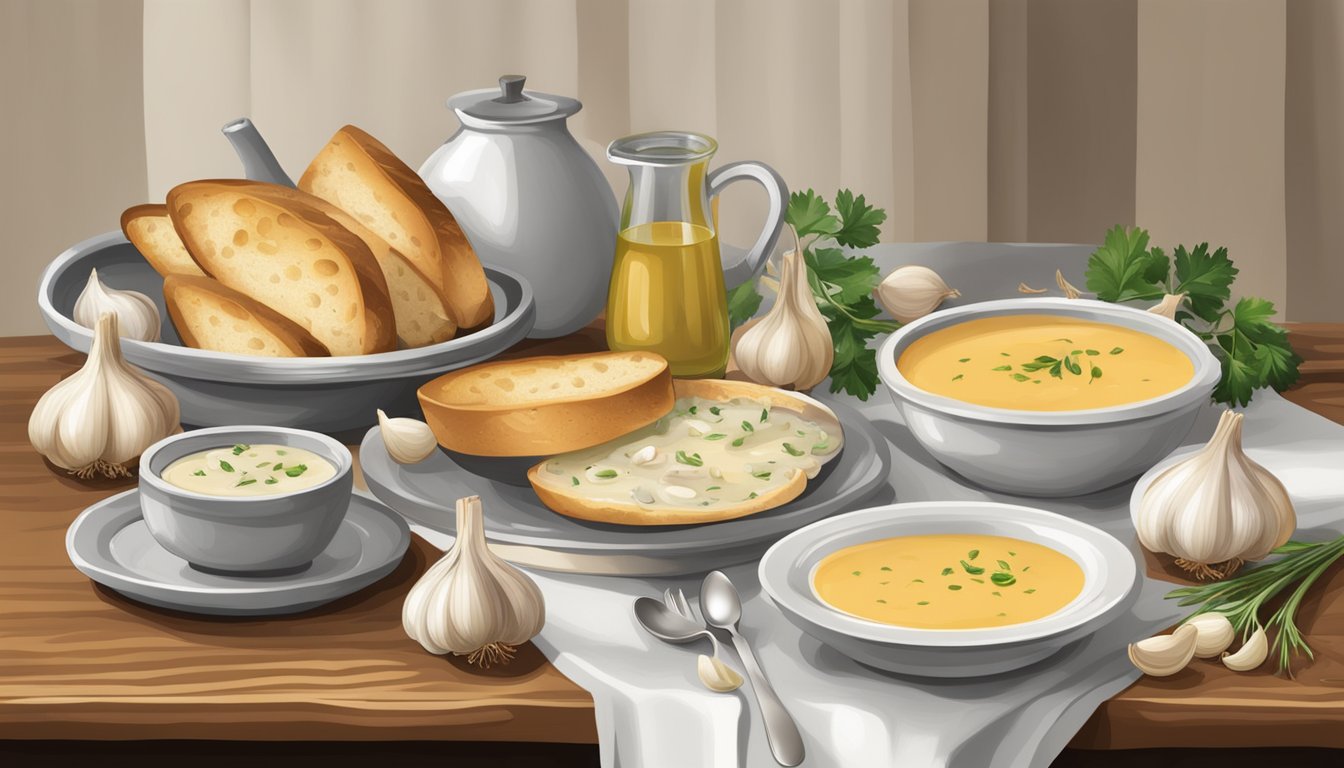 A table set with an assortment of garlic-rich foods, including garlic bread, roasted garlic, and a bowl of garlic soup