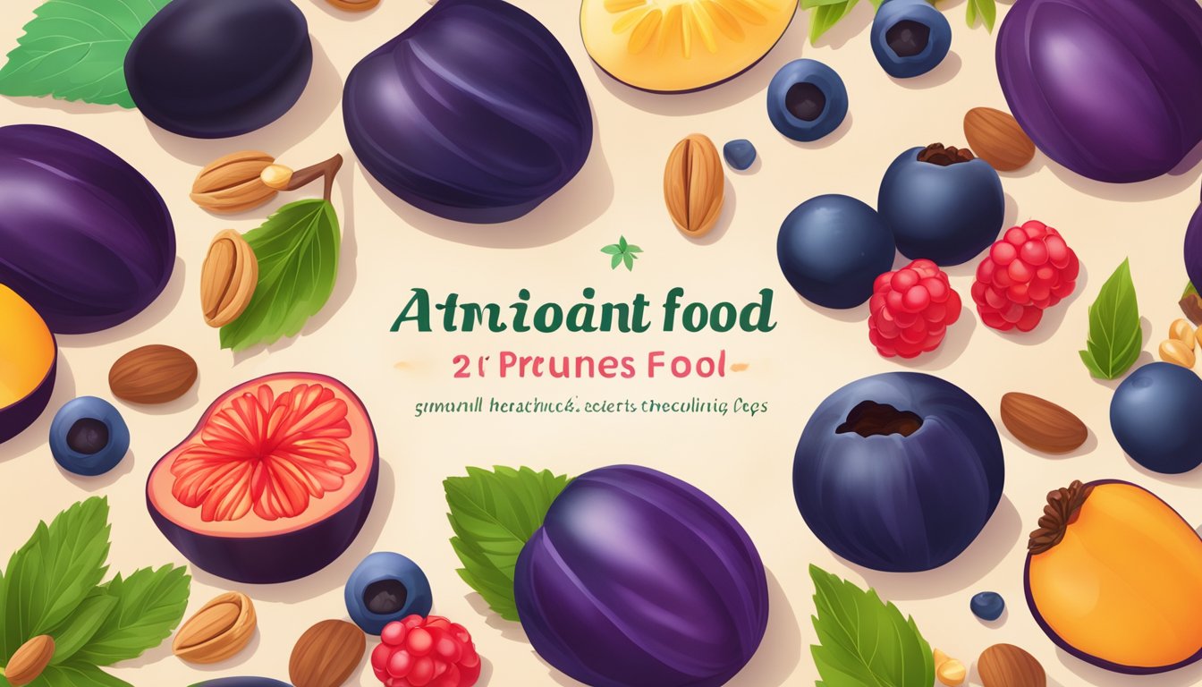 A colorful array of prunes, berries, nuts, and seeds arranged on a vibrant background, symbolizing the top 20 antioxidant-rich foods for optimal health