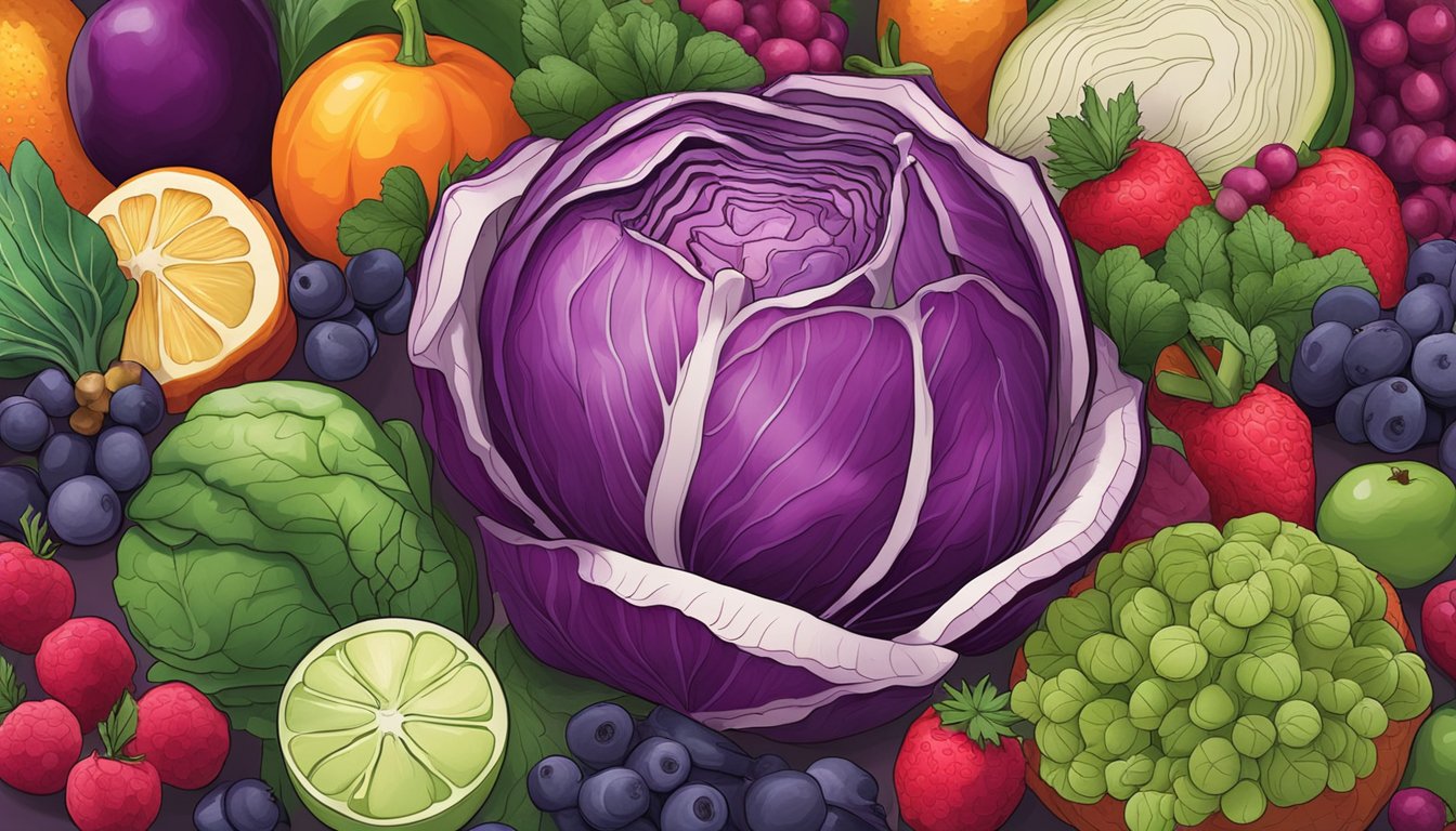 A vibrant red cabbage surrounded by a variety of colorful antioxidant-rich fruits and vegetables, arranged in a visually appealing display