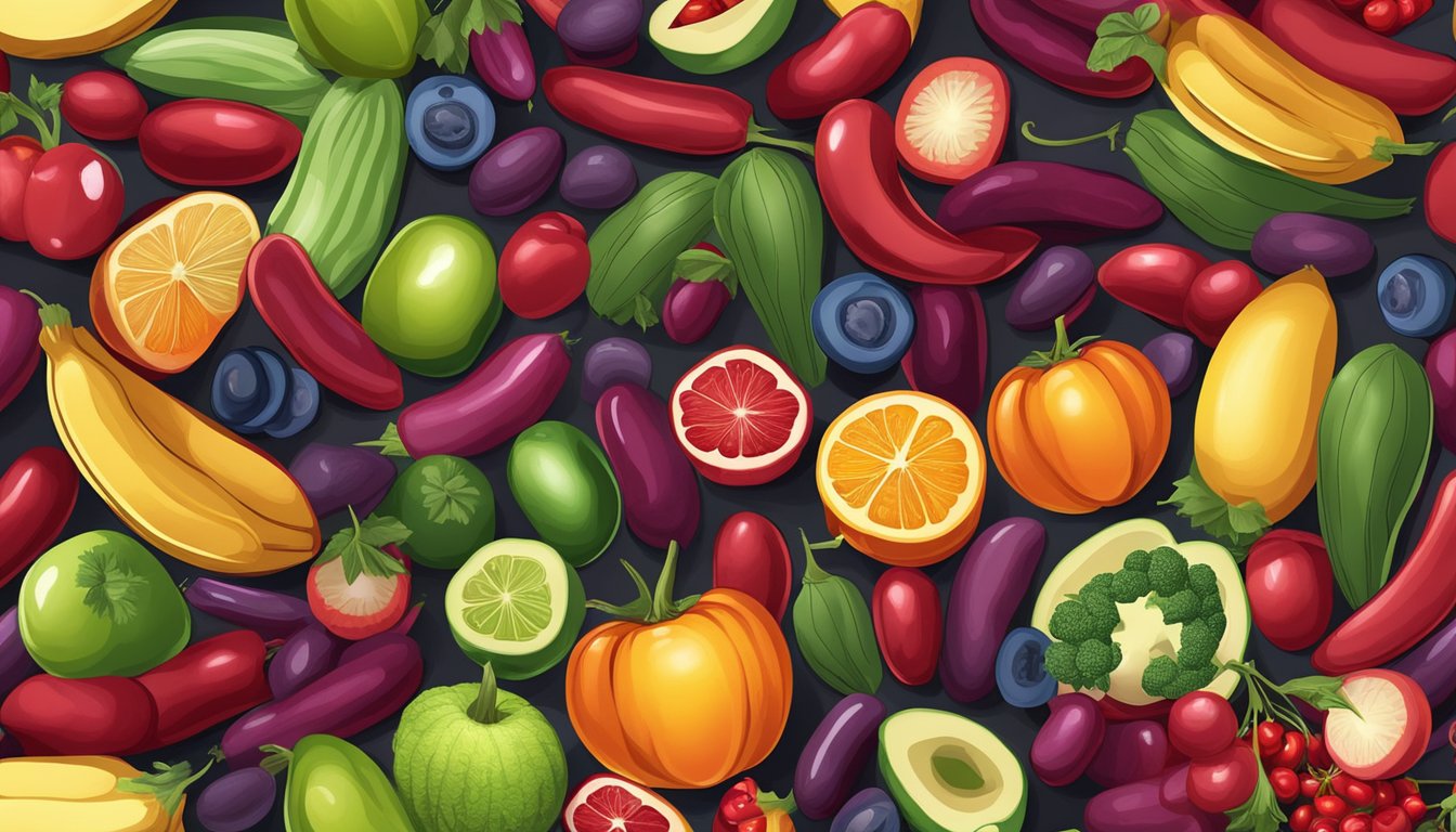 A colorful array of kidney beans, surrounded by vibrant fruits and vegetables, symbolizing a healthy and antioxidant-rich diet