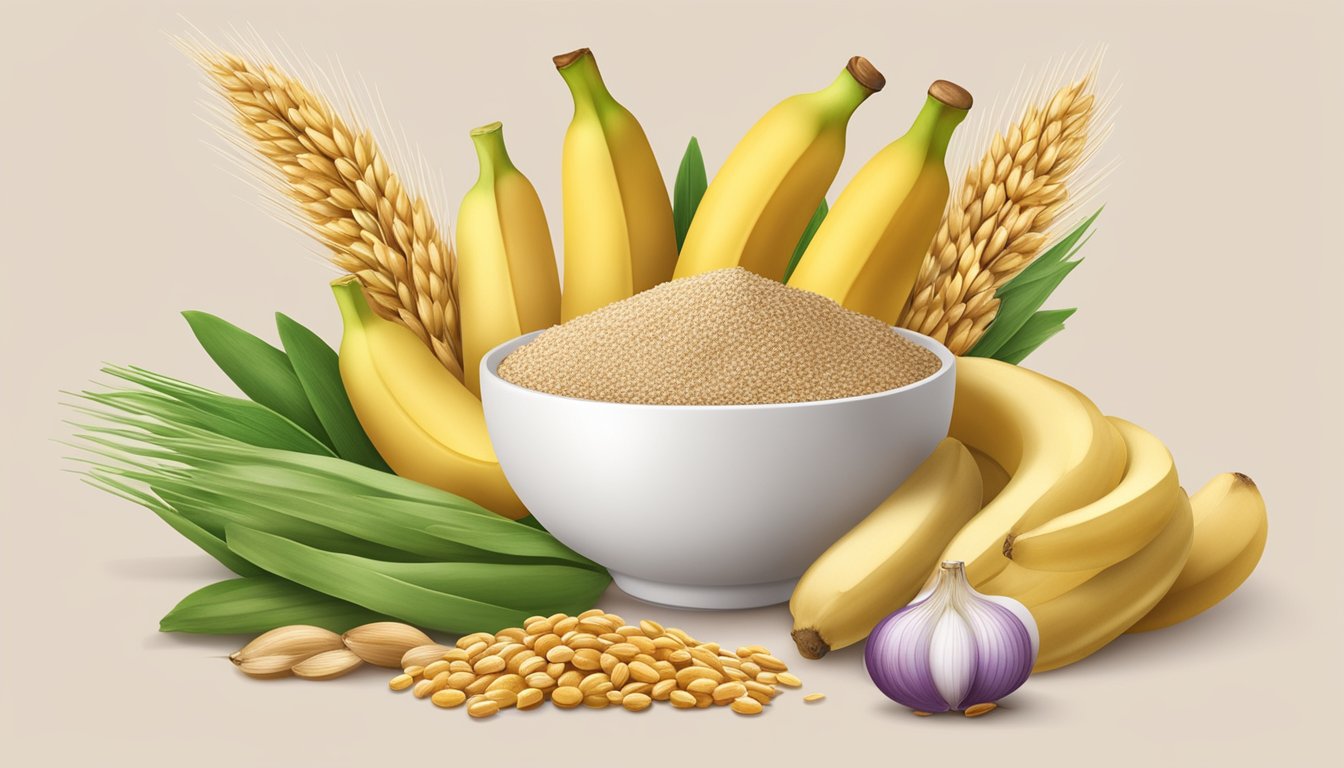 A bowl of wheat bran surrounded by inulin-rich foods like bananas, garlic, and onions