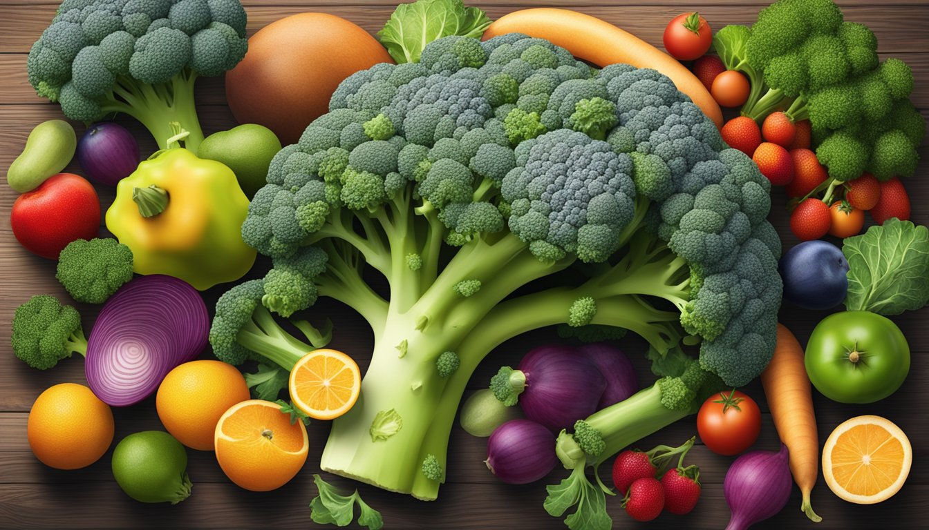 A vibrant broccoli surrounded by a variety of colorful fruits and vegetables, all arranged on a rustic wooden table