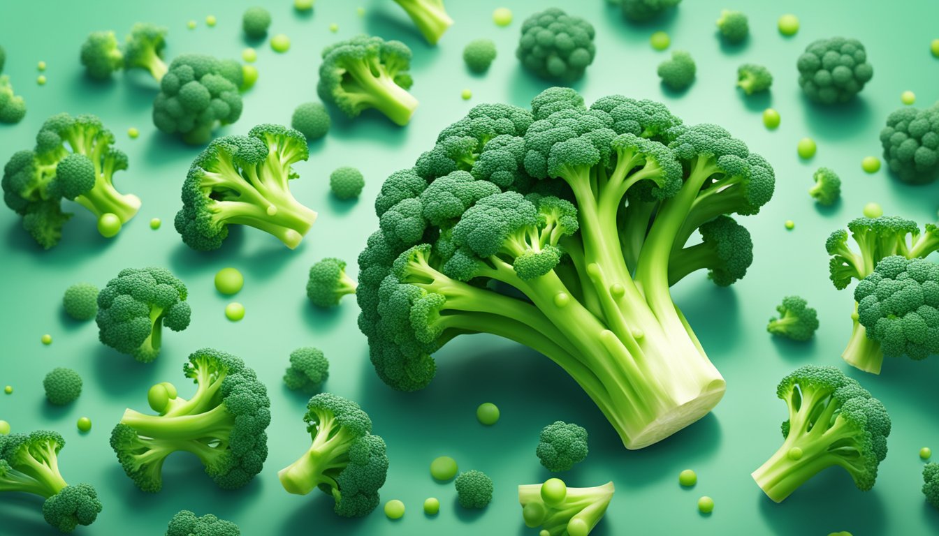 A vibrant green broccoli stalk surrounded by small alpha lipoic acid molecules floating in the air