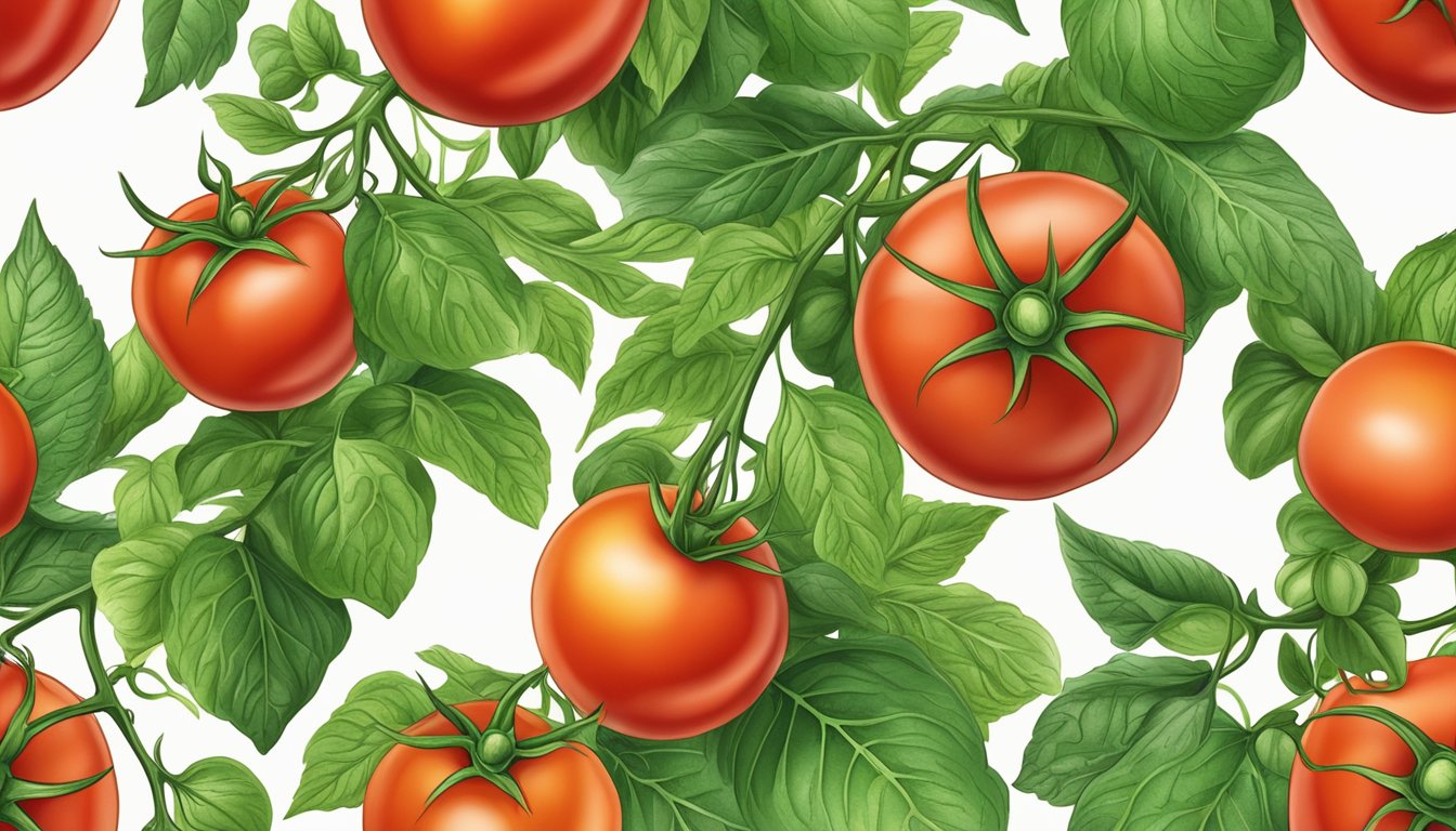 Ripe tomatoes surrounded by green leaves on a vine