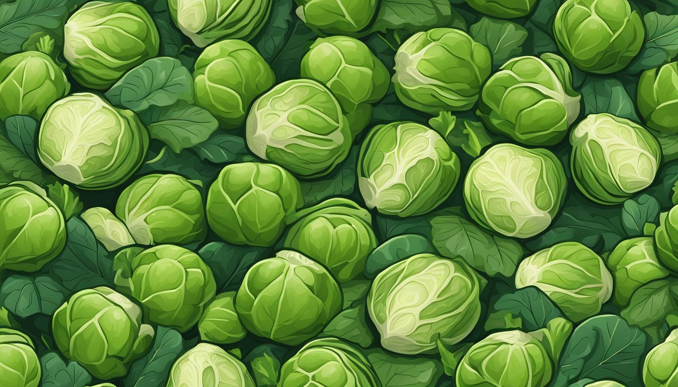 A pile of fresh Brussels sprouts surrounded by green leaves and stems