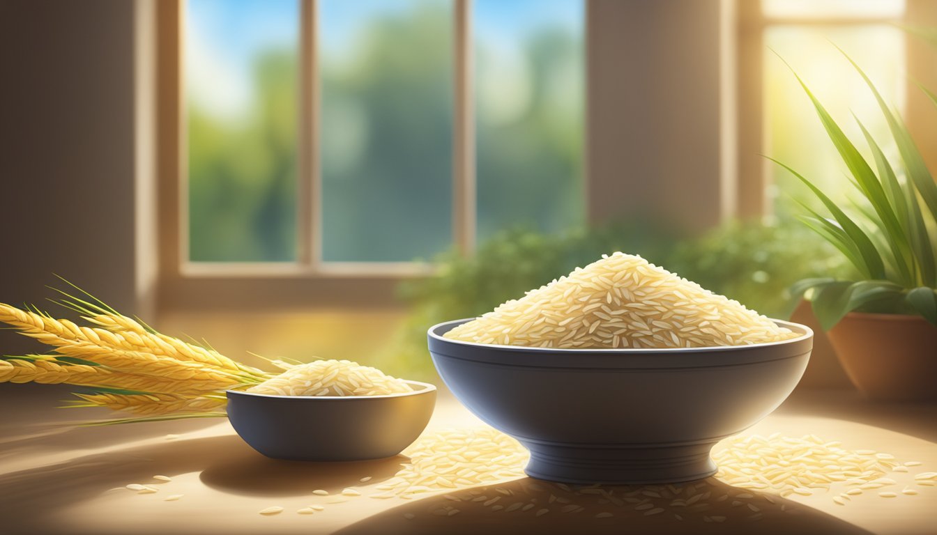 A bowl of rice bran surrounded by fresh grains, with sunlight streaming in through a window