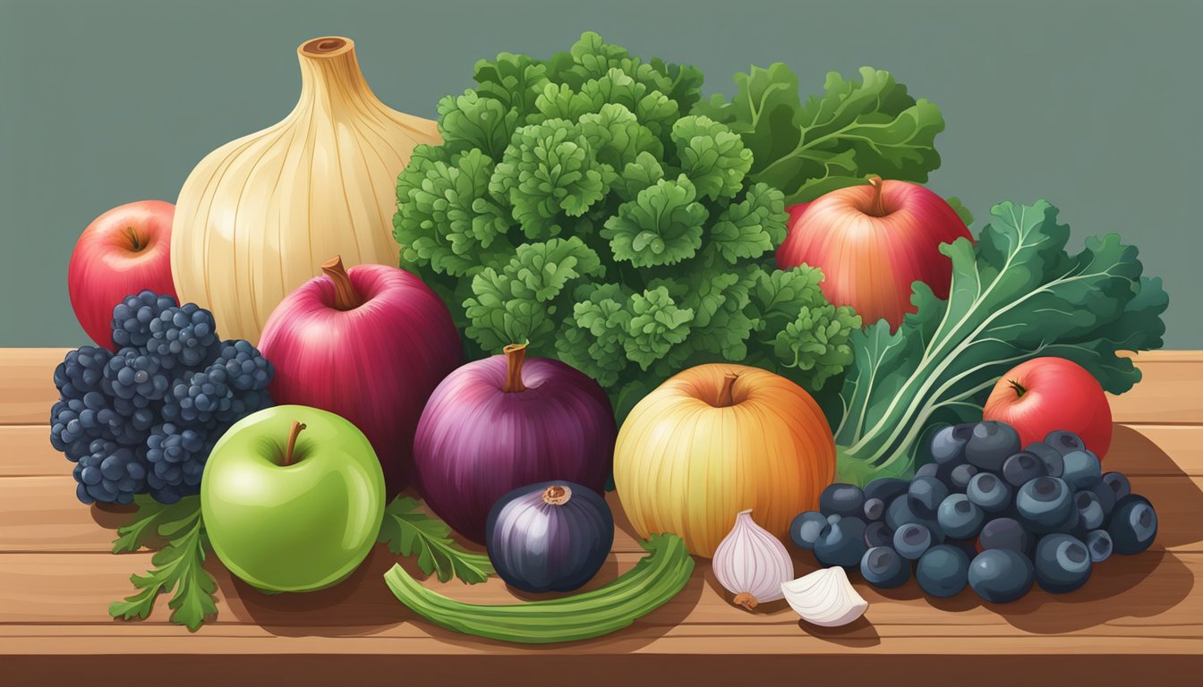 A colorful assortment of kale, apples, onions, and berries arranged on a wooden cutting board