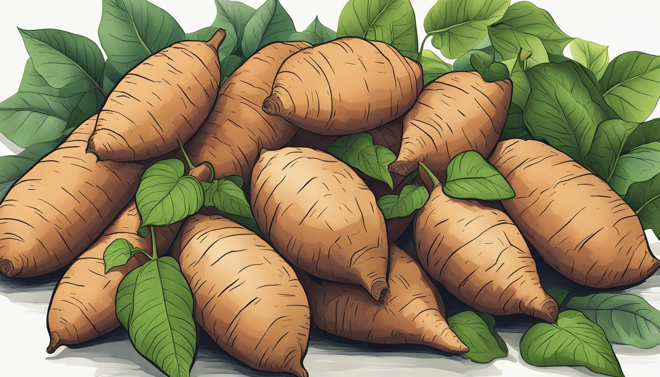 A pile of fresh yams surrounded by green leaves and vines