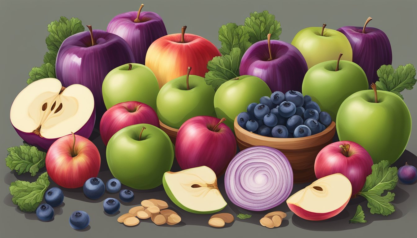 A table with a variety of apples, surrounded by other quercetin-rich foods like red onions, kale, and blueberries