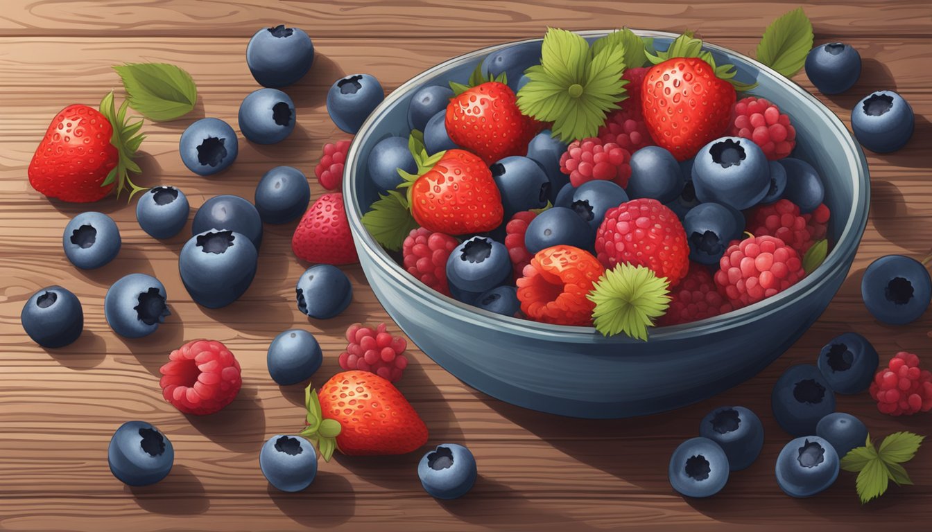 A bowl of assorted berries, including strawberries, blueberries, and raspberries, arranged on a rustic wooden table