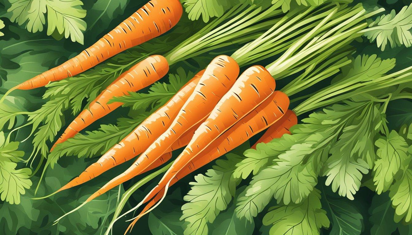 A vibrant bunch of carrots surrounded by green foliage and sunlight