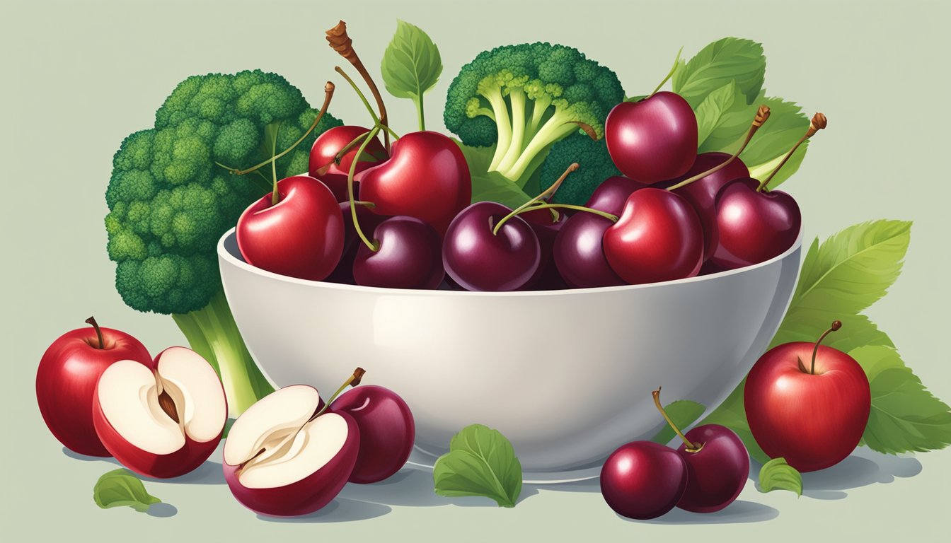 A bowl of cherries surrounded by other quercetin-rich foods like apples, onions, and broccoli