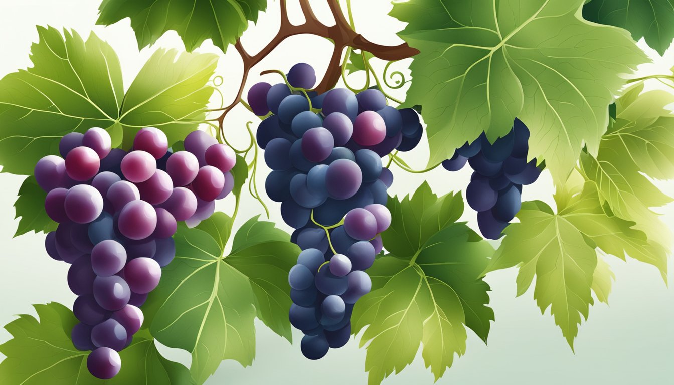 A bunch of red grapes surrounded by green leaves on a vine