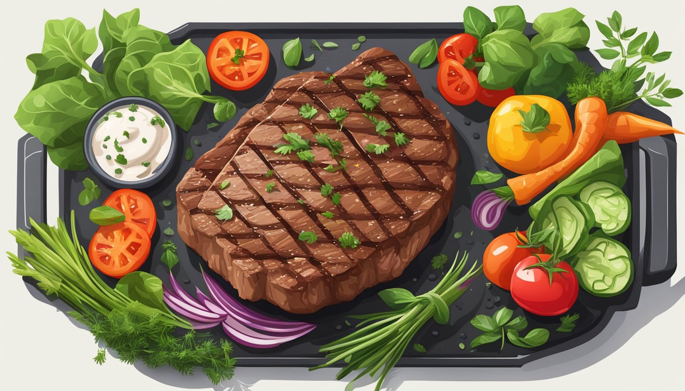 A sizzling steak on a grill, surrounded by vibrant green herbs and colorful vegetables