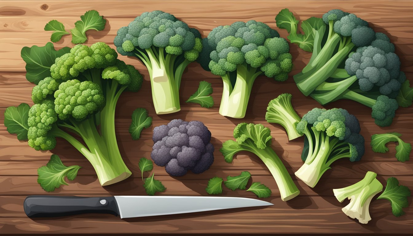 A colorful assortment of broccoli florets, stems, and leaves arranged on a rustic wooden cutting board