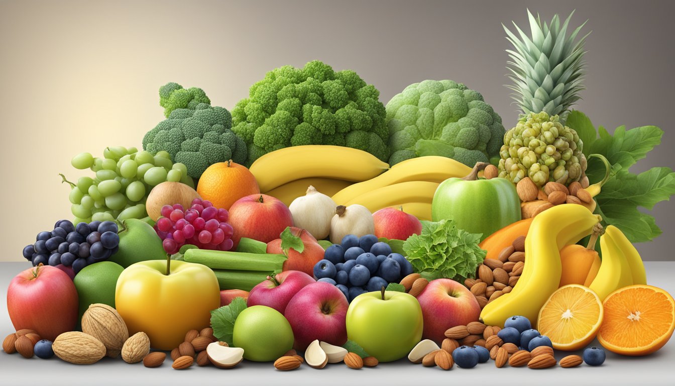 A variety of colorful fruits, vegetables, and nuts arranged in a bountiful display, showcasing natural sources of alpha lipoic acid