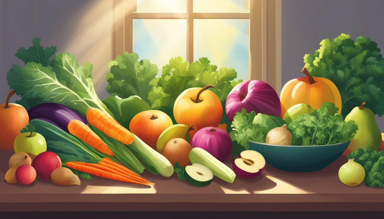 A colorful array of fruits and vegetables, including apples, onions, and kale, are arranged on a table, with rays of sunlight streaming in from the window