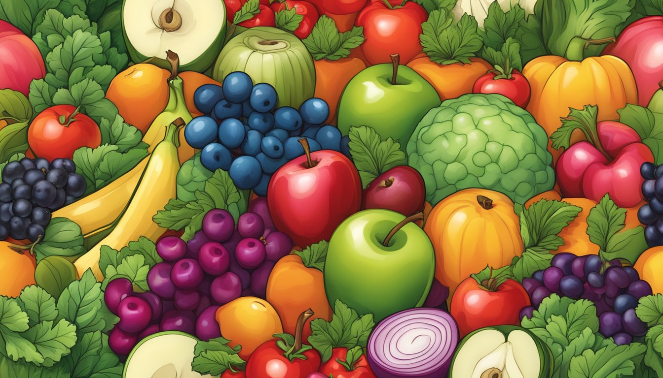 A colorful array of fruits and vegetables, including apples, berries, onions, and leafy greens, arranged in a vibrant and inviting display