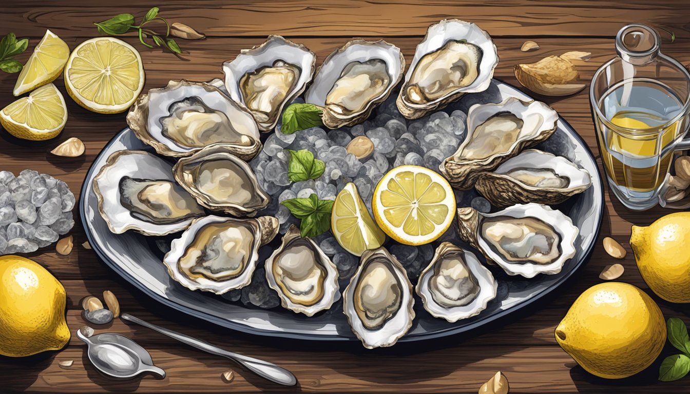 A plate of oysters surrounded by shells and a lemon wedge on a rustic wooden table