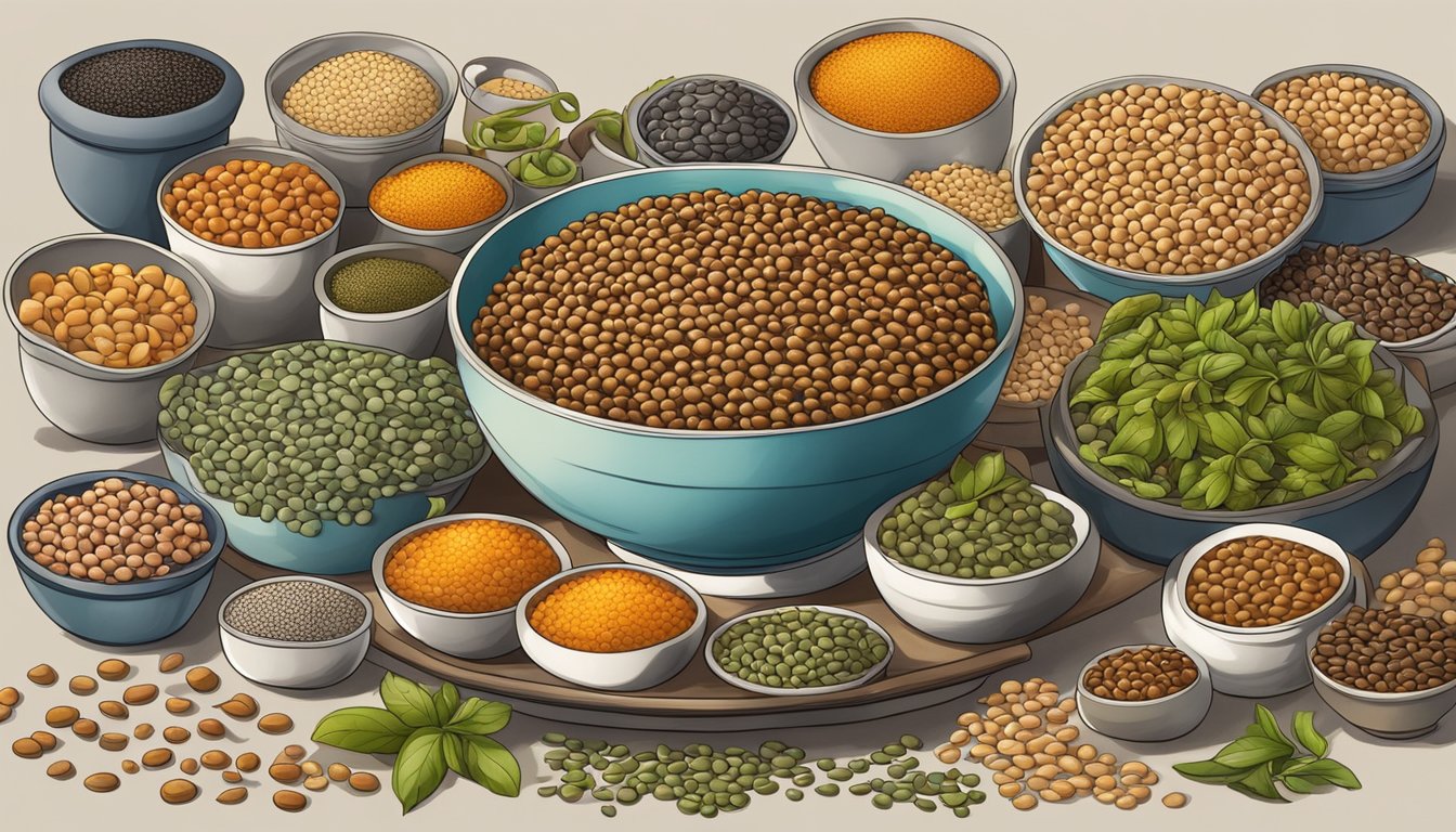 A bowl of lentils surrounded by zinc and iron-rich foods