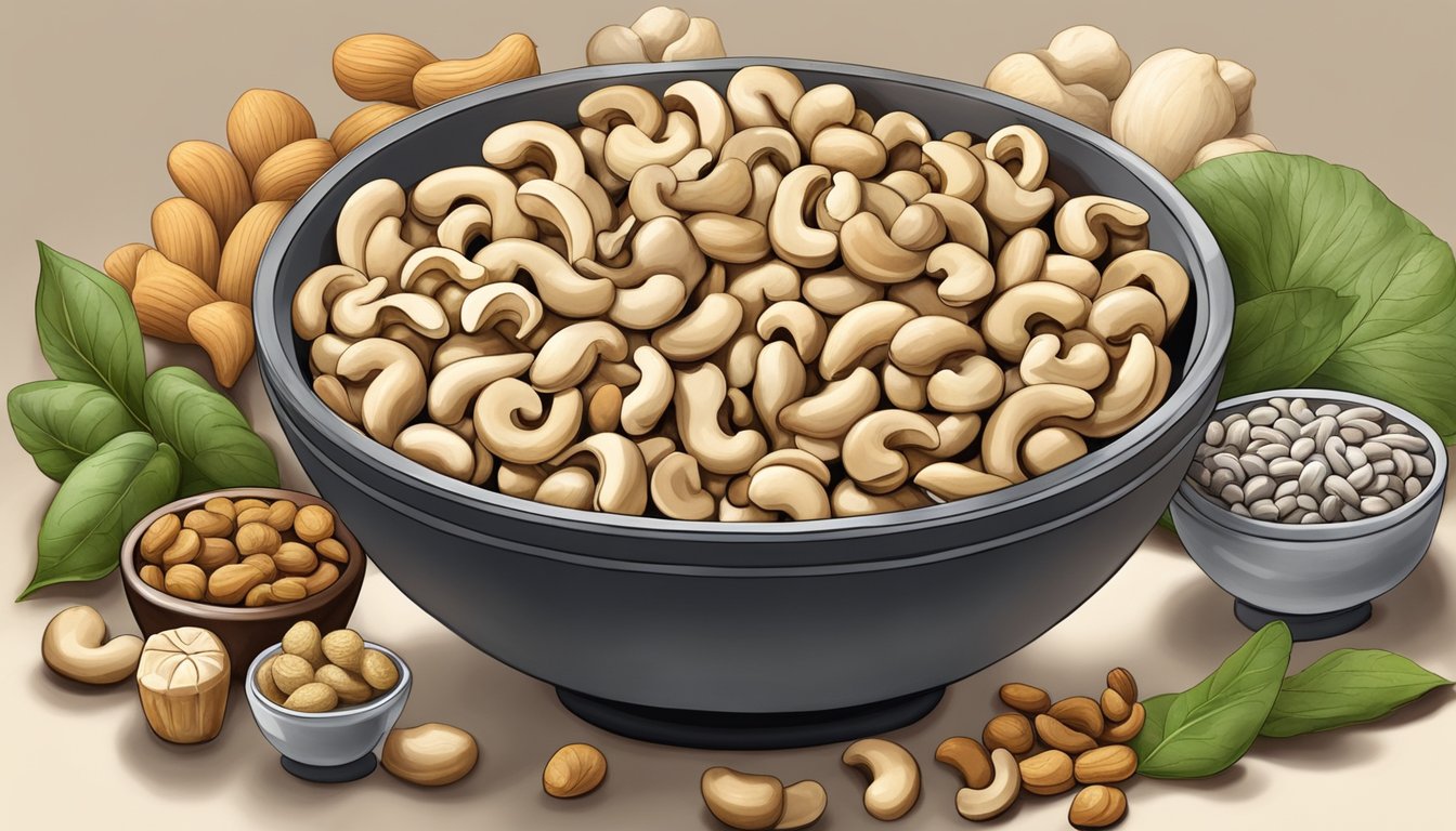 A bowl of cashews surrounded by zinc and iron-rich foods