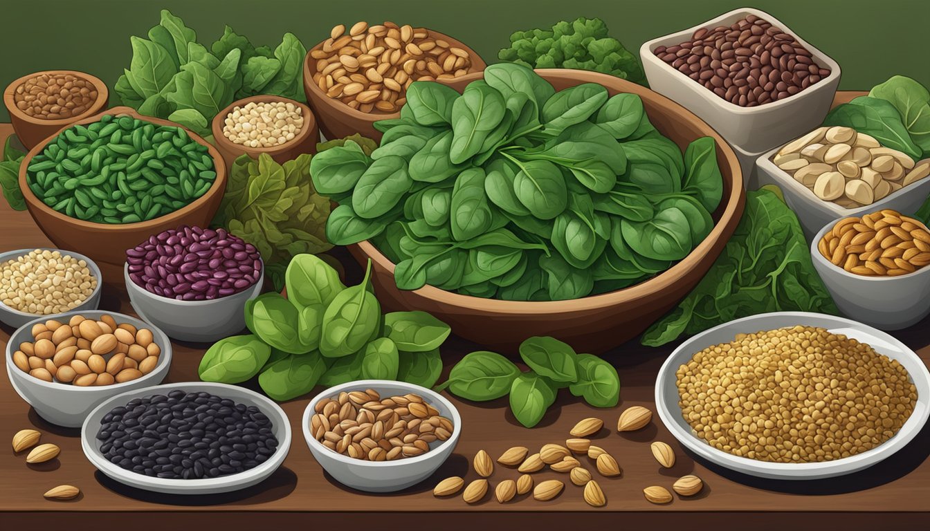 A colorful assortment of spinach leaves, beans, nuts, and seeds, arranged in a visually appealing display, showcasing foods rich in zinc and iron