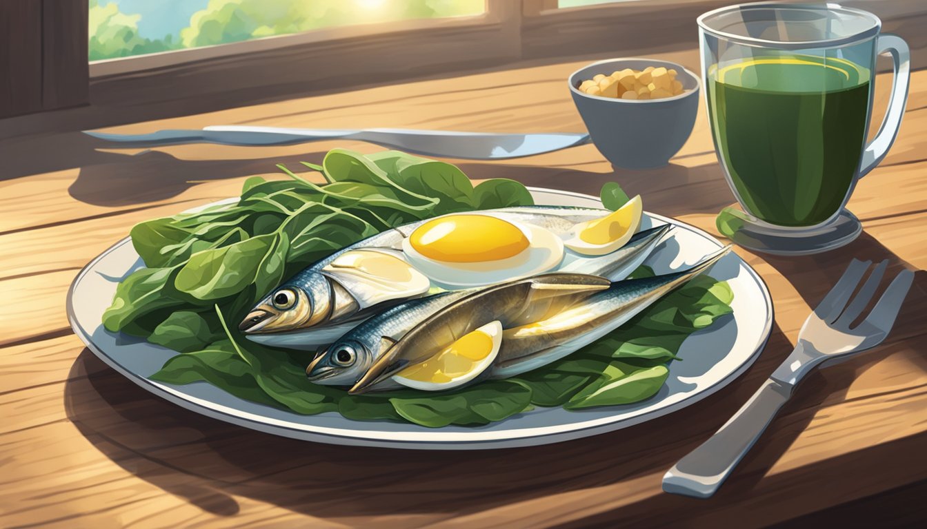 A plate of mackerel, spinach, and eggs on a wooden table. Sunlight streams in through a window, casting a warm glow on the nutritious foods