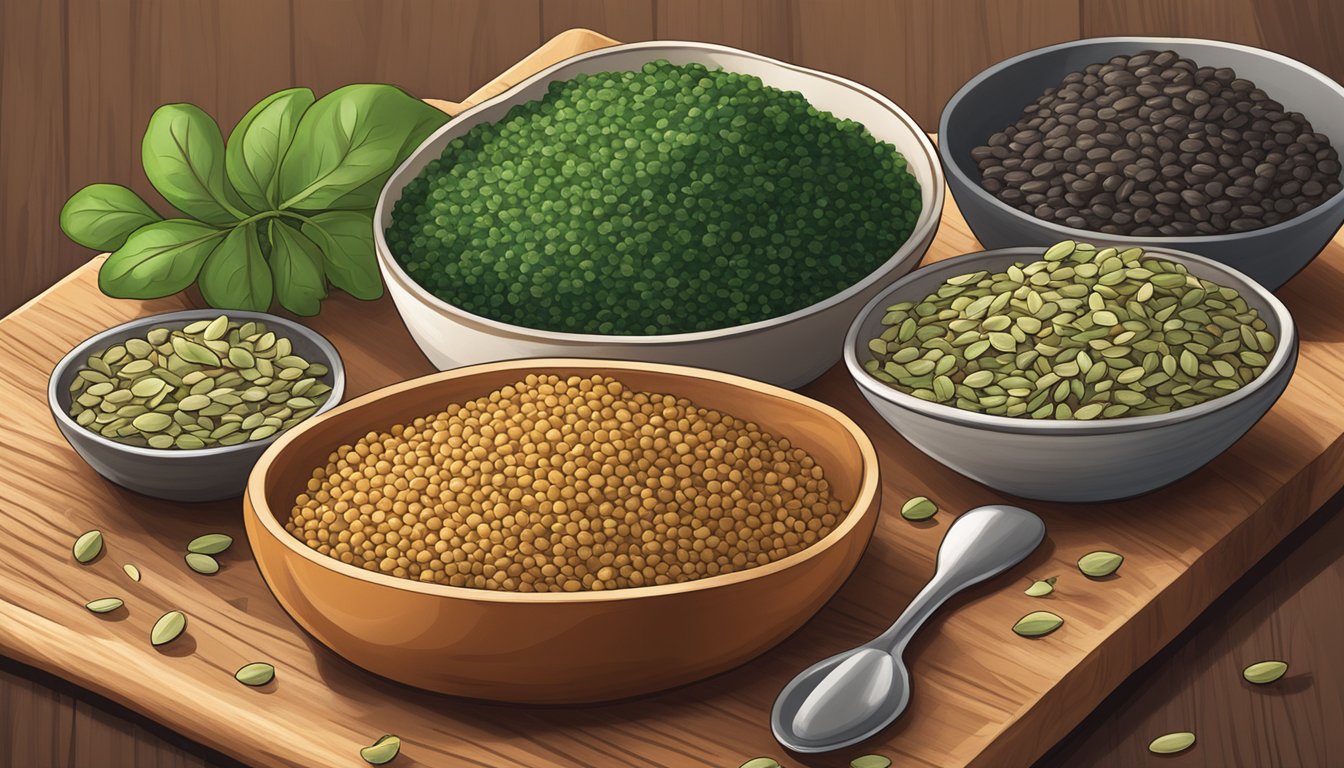 A colorful array of quinoa, spinach, lentils, and pumpkin seeds on a wooden cutting board