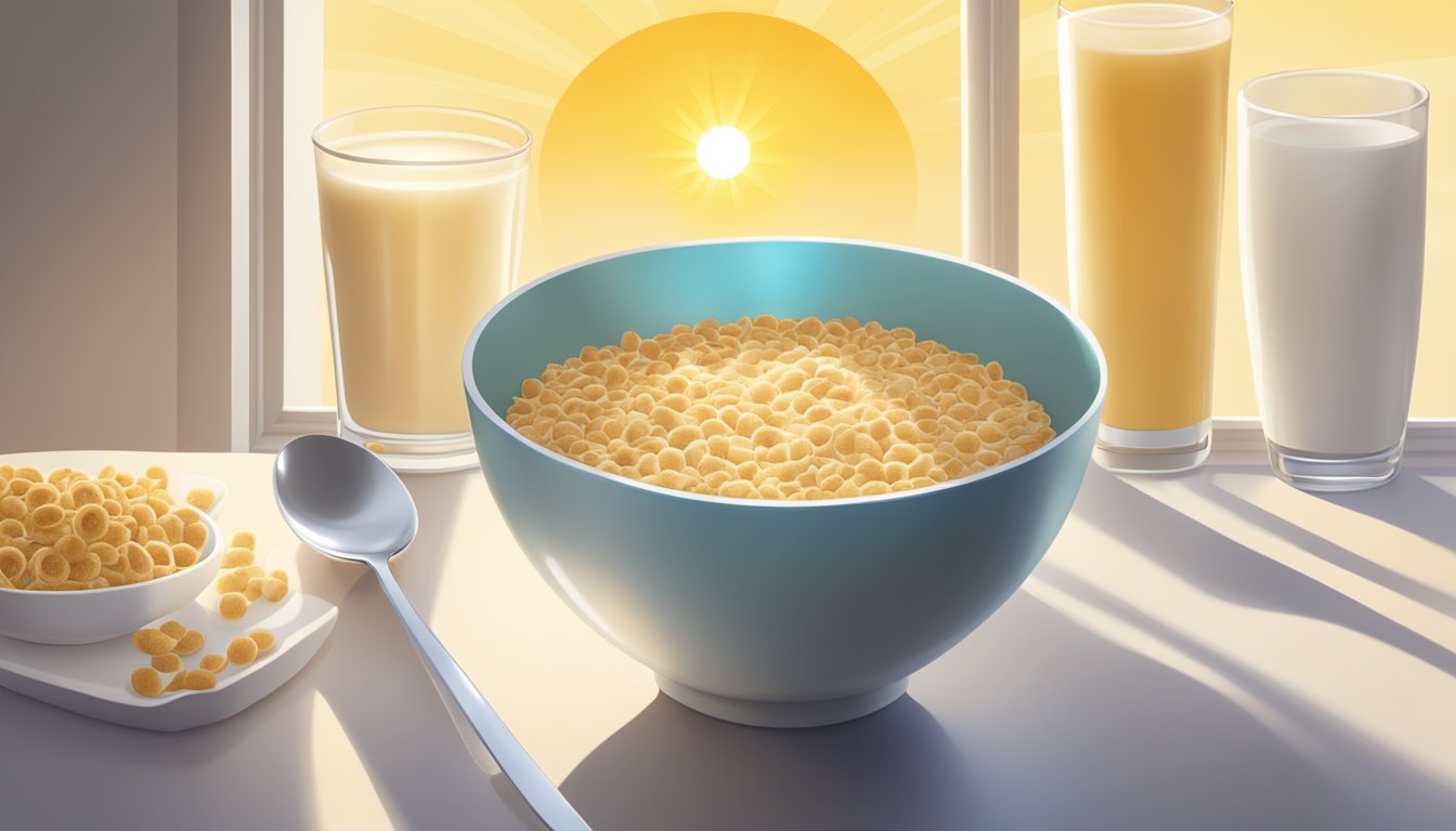 A bowl of fortified cereal surrounded by a glass of milk, a spoon, and a bright sun shining through a window