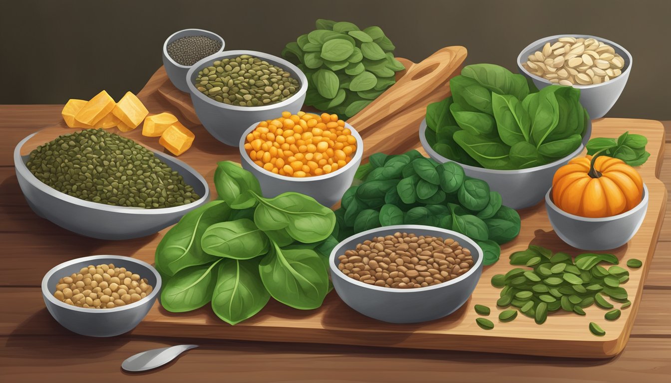 A colorful array of foods rich in zinc and iron, such as spinach, lentils, pumpkin seeds, and beef, displayed on a wooden cutting board