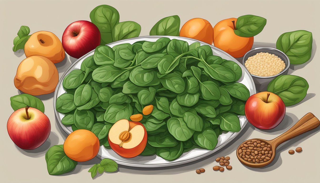 Fresh spinach leaves surrounded by iron-rich foods like lentils, tofu, and beans, with a vibrant red apple and a handful of dried apricots