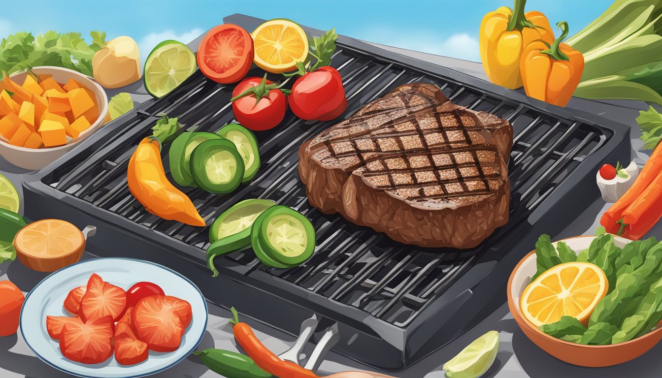 A sizzling steak on a hot grill, surrounded by colorful vegetables and fruits, with a clear blue sky in the background