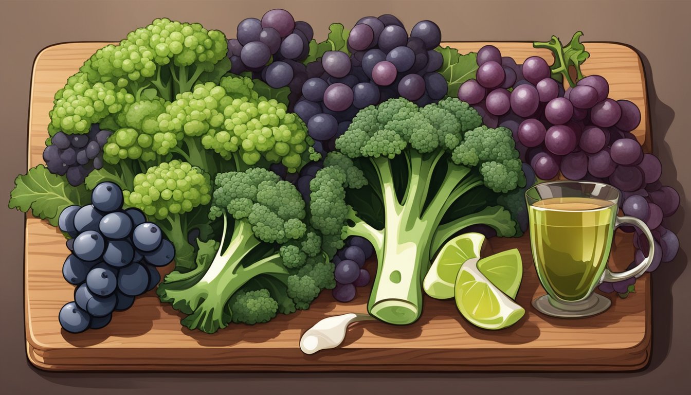 A colorful assortment of broccoli, kale, grapes, and tea leaves on a wooden cutting board