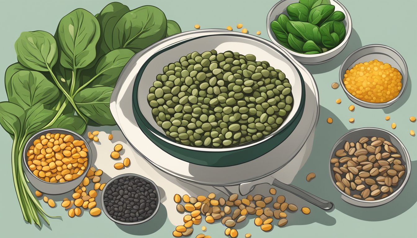 A bowl of lentils surrounded by spinach, beans, and nuts, with a shining iron supplement bottle in the background