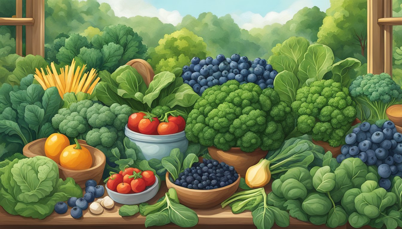 A lush garden with vibrant spinach leaves surrounded by other kaempferol-rich foods like broccoli, kale, and blueberries