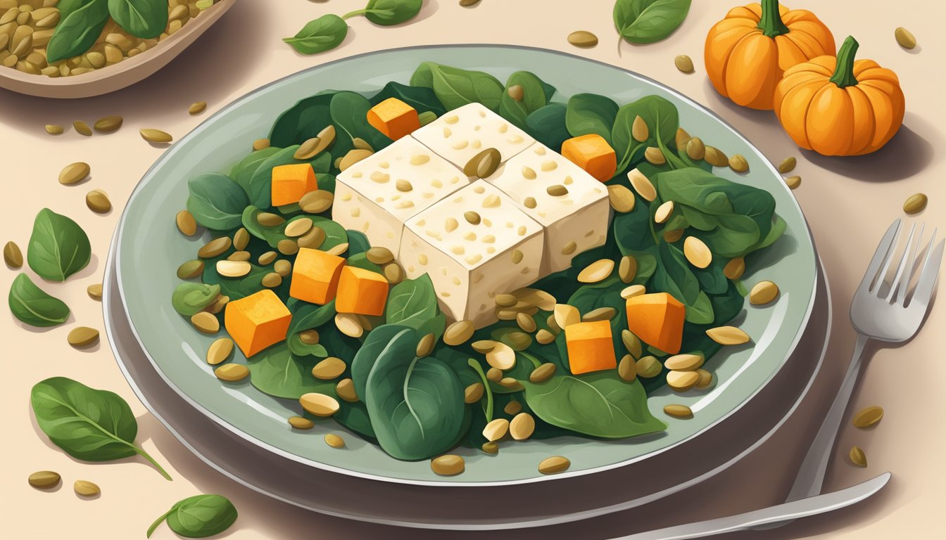 A colorful plate with tofu, spinach, lentils, and pumpkin seeds arranged in a balanced composition