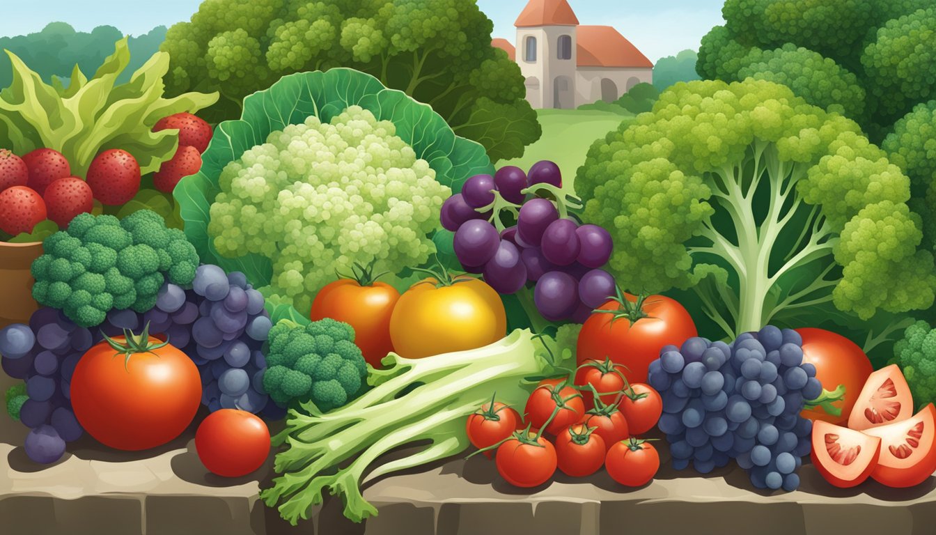 A vibrant garden scene with endive leaves and other kaempferol-rich foods like broccoli, grapes, and tomatoes