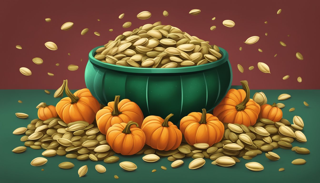 A pile of pumpkin seeds surrounded by iron-rich foods like spinach and lentils, with a blood-red background to symbolize boosted hemoglobin levels