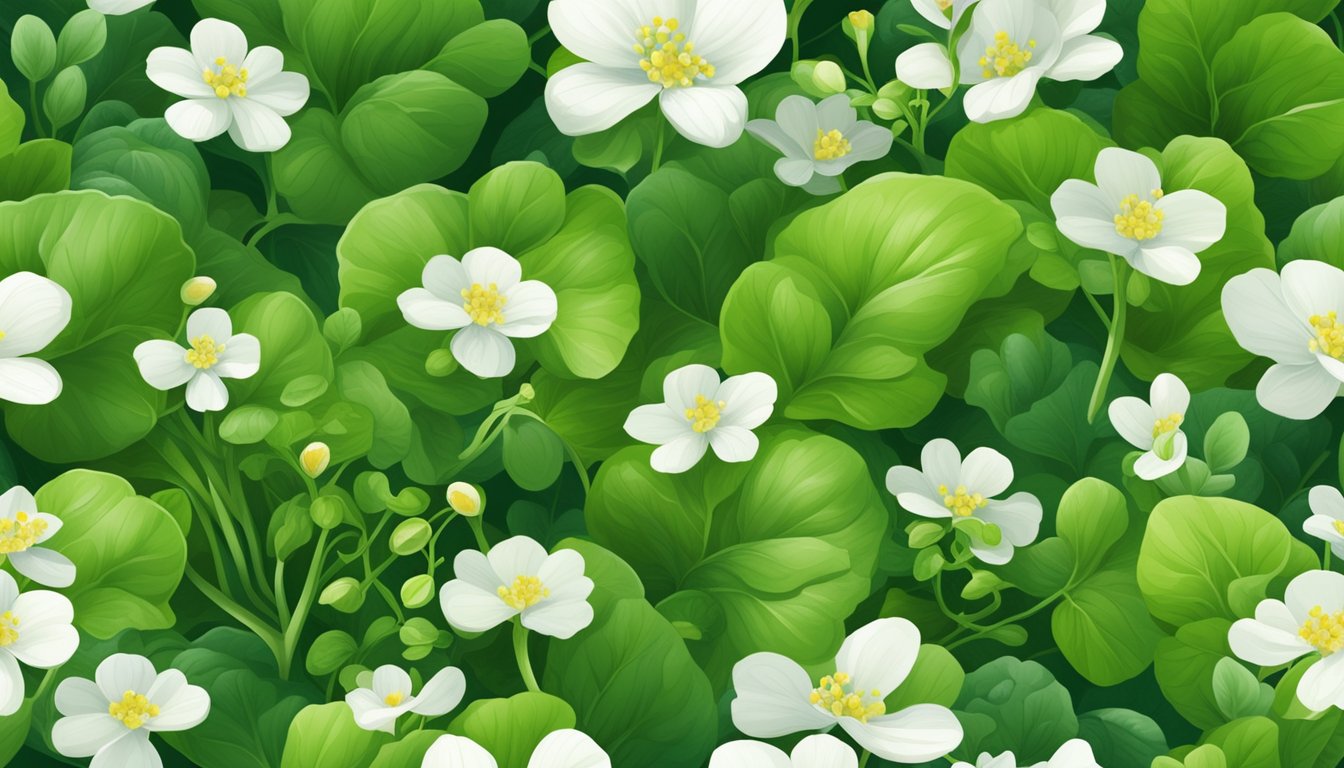 A lush patch of watercress surrounded by other nutrient-rich foods, with the vibrant green leaves and delicate white flowers standing out against the backdrop