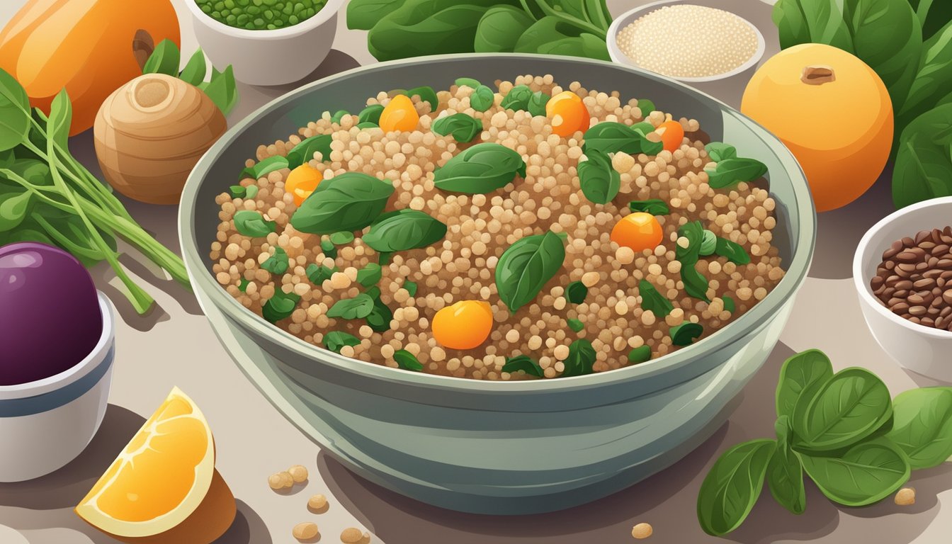 A bowl of cooked quinoa surrounded by spinach, lentils, and beans, with a background of fresh vegetables and fruits