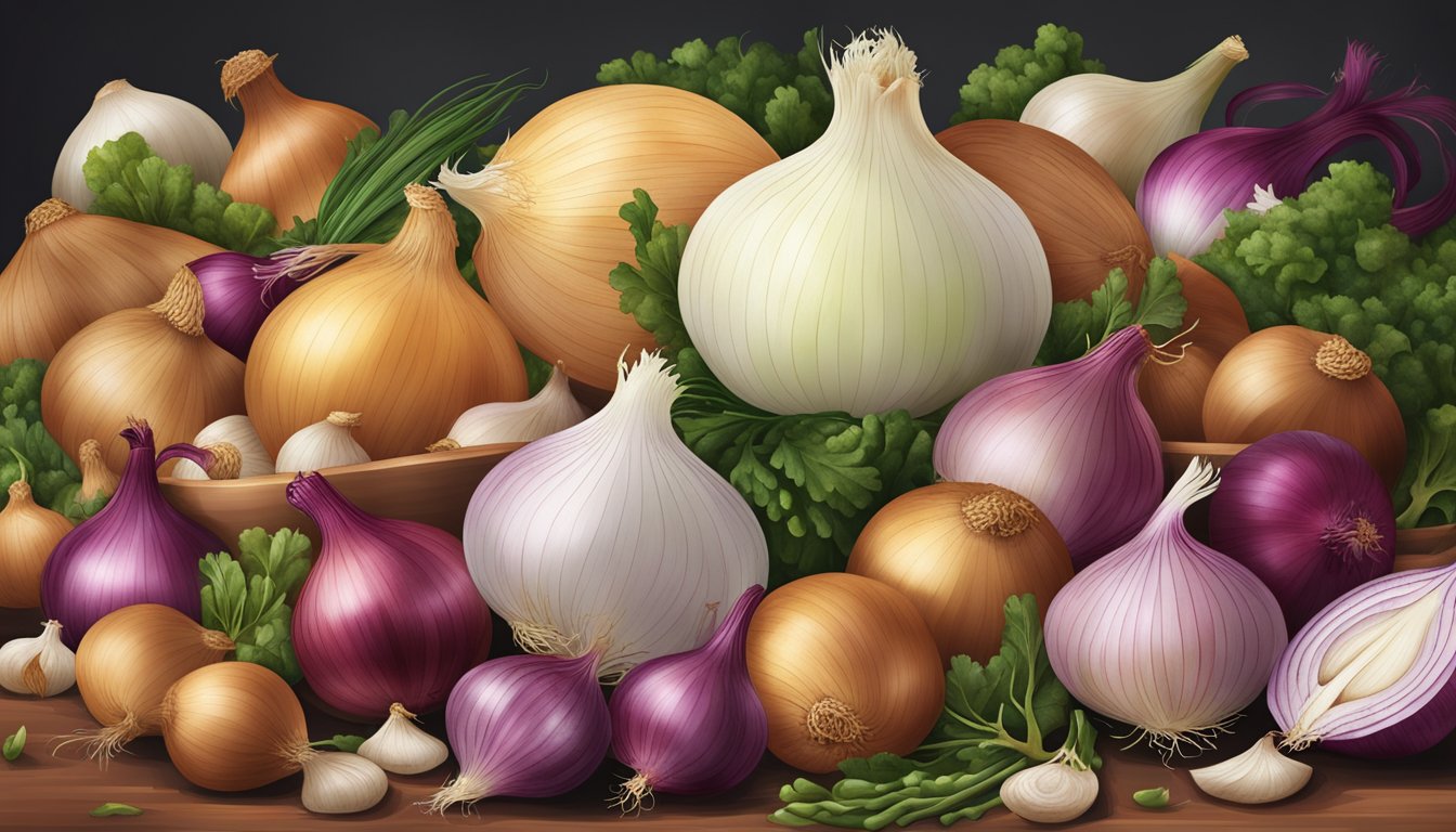 A pile of onions surrounded by other kaempferol-rich foods