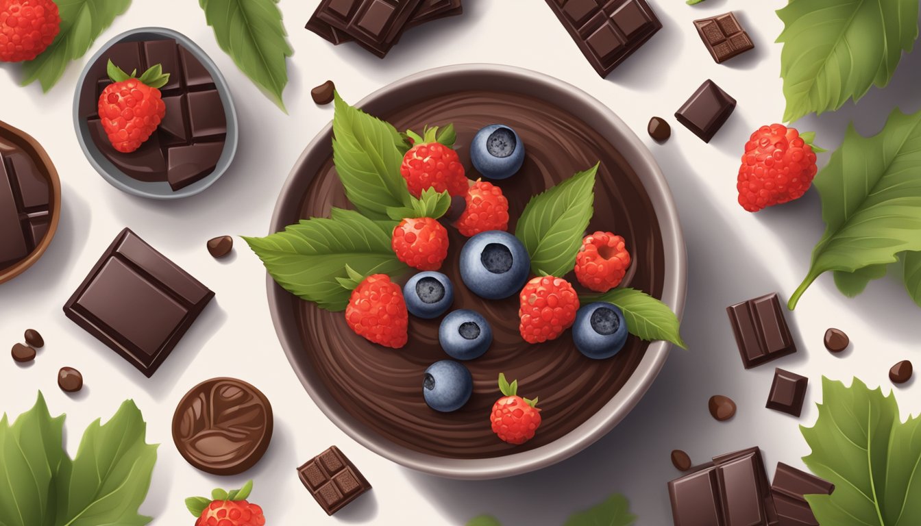 A bowl of dark chocolate and iron-rich foods surrounded by natural elements like leaves and berries, evoking a sense of health and vitality