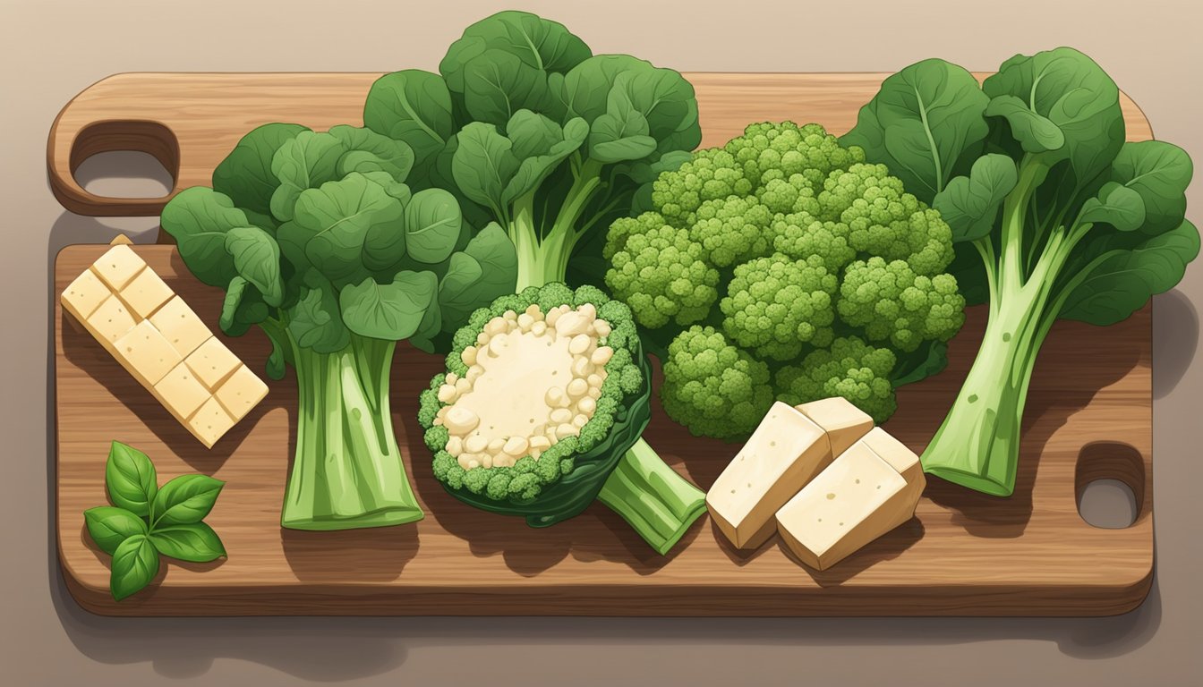 Fresh broccoli surrounded by spinach, lentils, and tofu, all rich in iron, arranged on a wooden cutting board