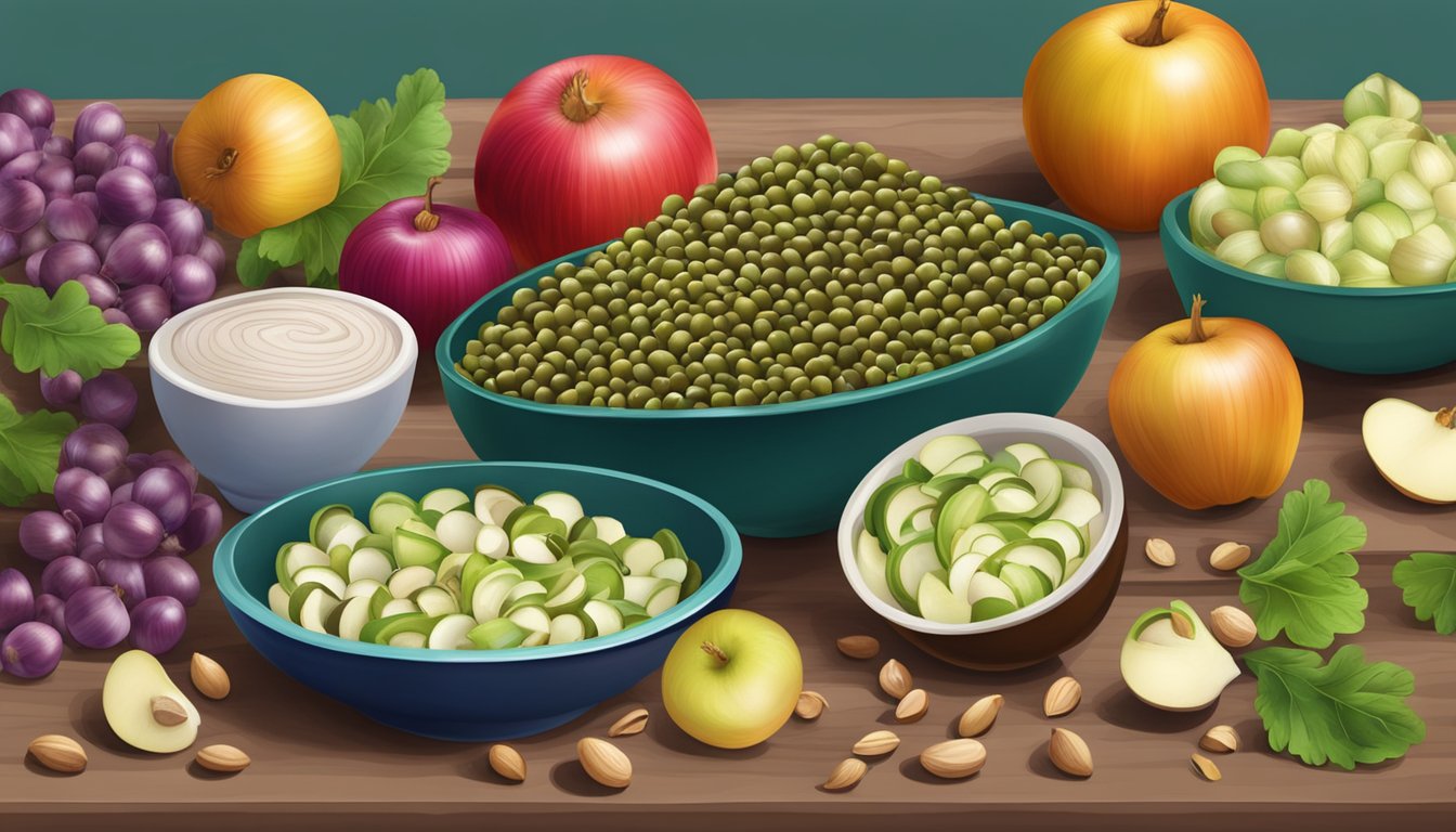 A colorful table spread with capers, onions, apples, and nuts