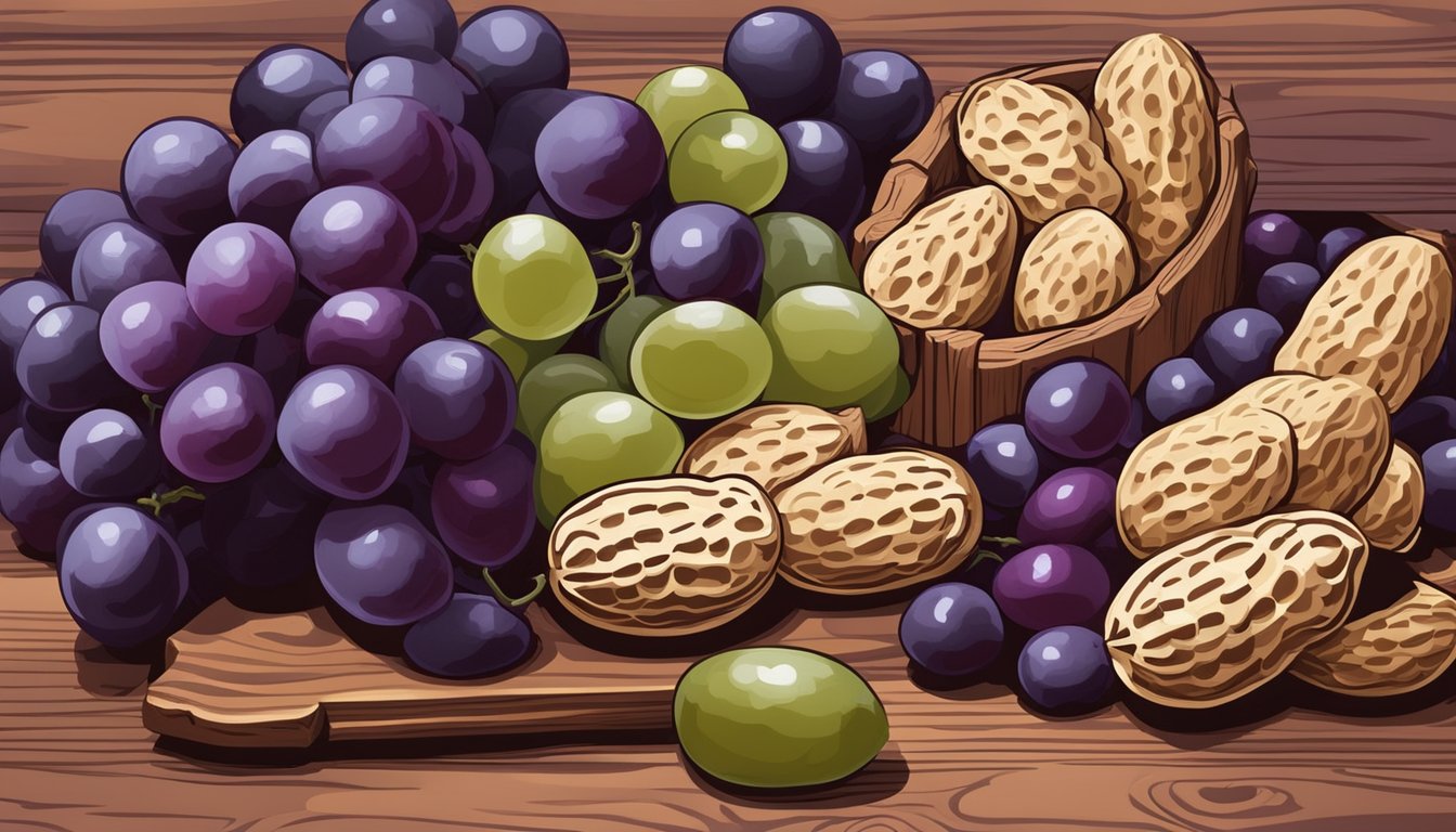 A cluster of peanuts surrounded by vibrant purple grapes and deep red wine grapes on a rustic wooden table