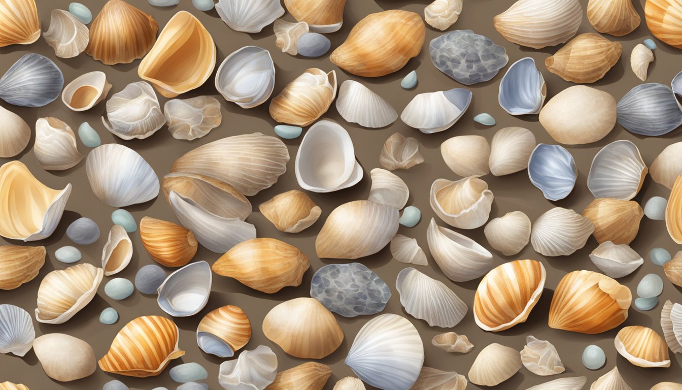 An assortment of empty shellfish shells scattered on a sandy beach