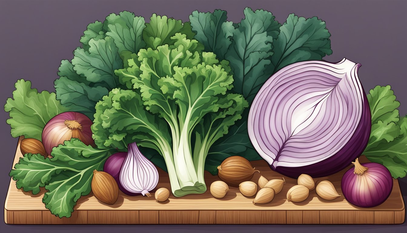 A colorful array of kale leaves, onions, and nuts arranged on a wooden cutting board