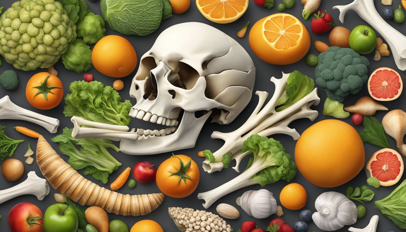 A pile of animal bones and shells surrounded by fruits and vegetables, symbolizing natural sources of glucosamine in food